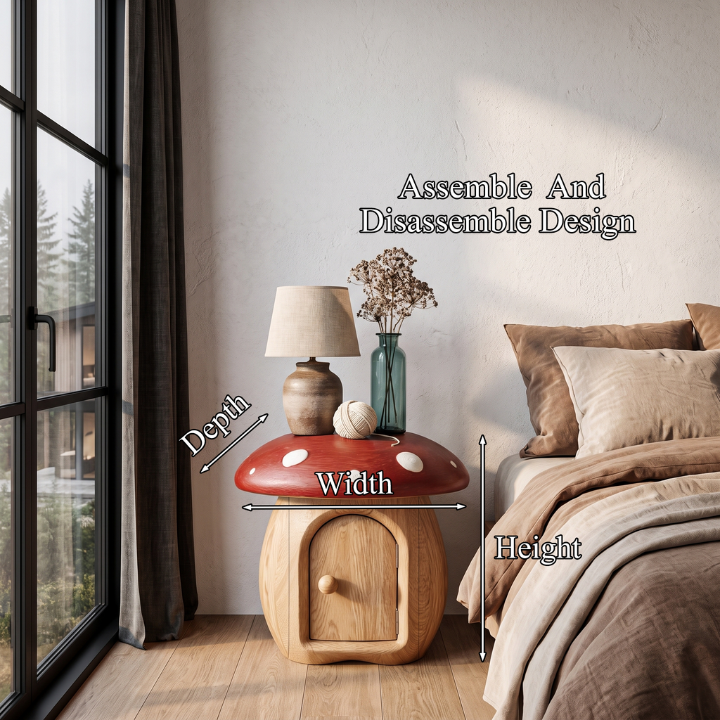Whimsical Mushroom Bedside Table With Solid Wood Storage For Bedroom
