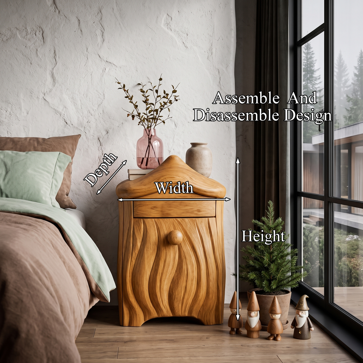 Minimalist Solid Wood Bedside Table With Artistic Door Design