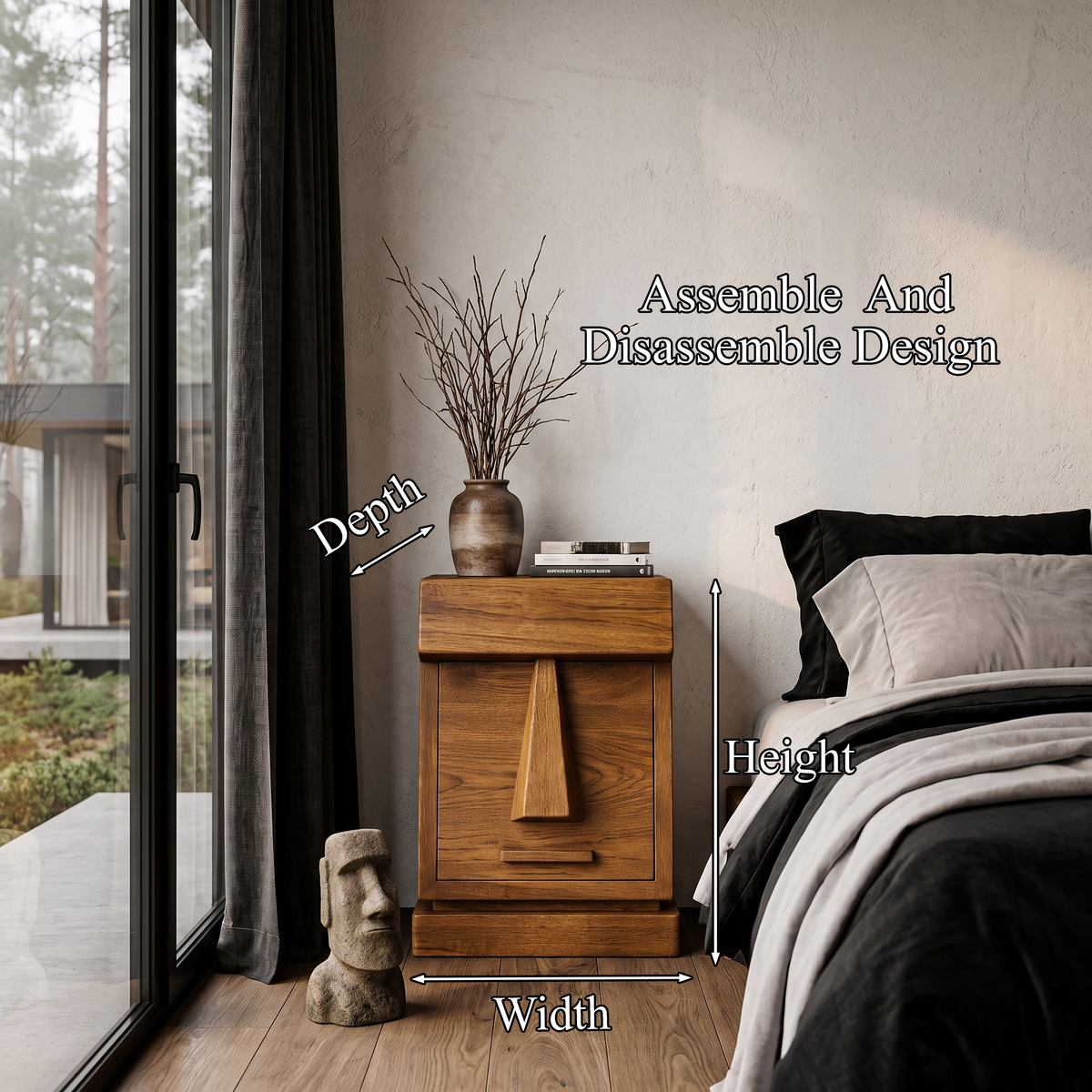 Rustic Solid Wood Bedside Table With Geometric Wooden Door