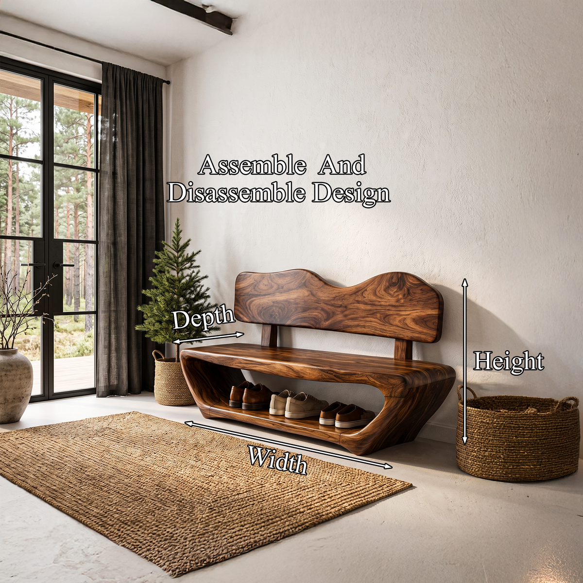 Rustic Sculptural Shoe Bench Organic Live Edge Design For Entryway Hallway