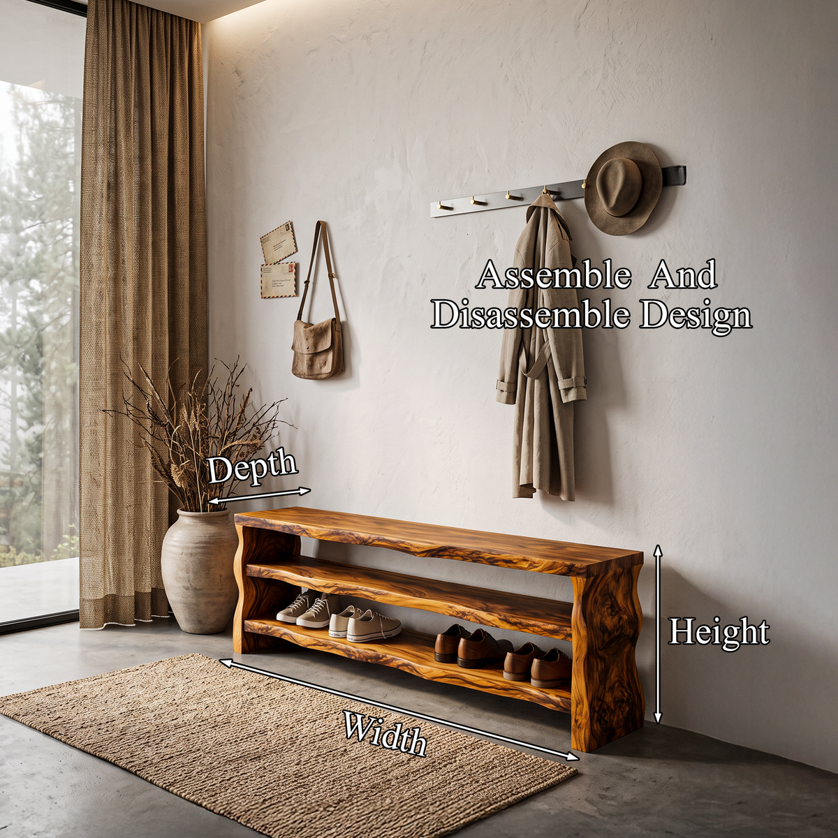Live Edge Shoe Bench Open Storage Organizer For Entryway Hallway