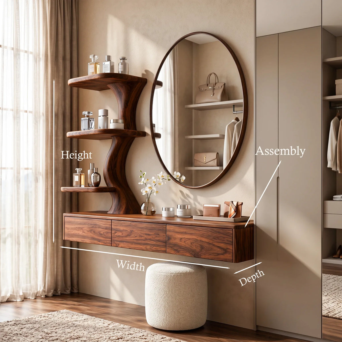 Sculptural Wall Mounted Dressing Table With Floating Drawer For Luxury Bedroom