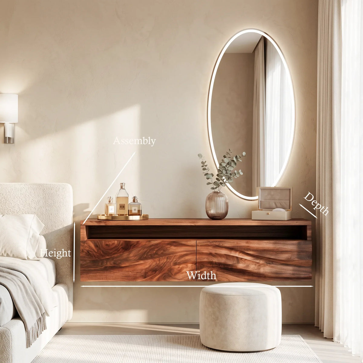 Modern Floating Makeup Vanity Layered Wavy Carved Drawers For Bedroom