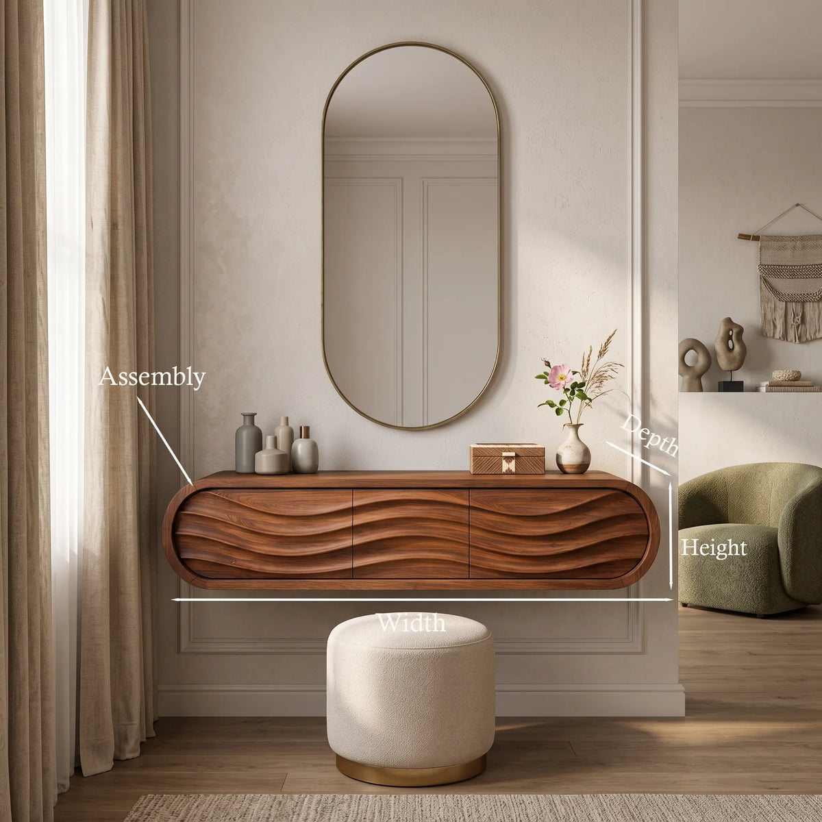 Organic Wall Mounted Makeup Vanity Carved Ribbed Drawers For Bedroom
