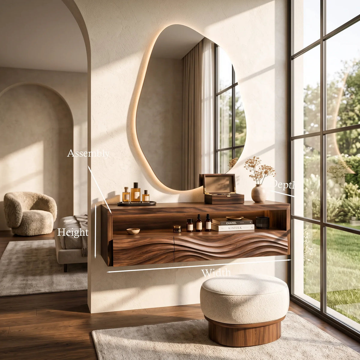 Sculptural Wall Mounted Makeup Vanity Wave Carved Drawers For Bedroom