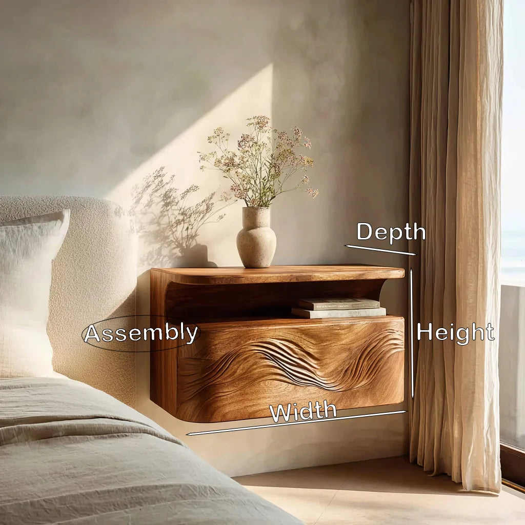 Organic Wave Carved Floating Nightstand For Bedroom