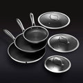 HexClad 6 Piece Hybrid Stainless Steel Cookware Pan Set, 8 inch, 10 inch, 12 inch With Glass Lids - Black