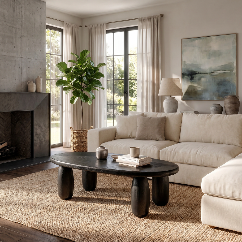Natural Coffee Table With Organic Rounded Base For Living Room And Family Room