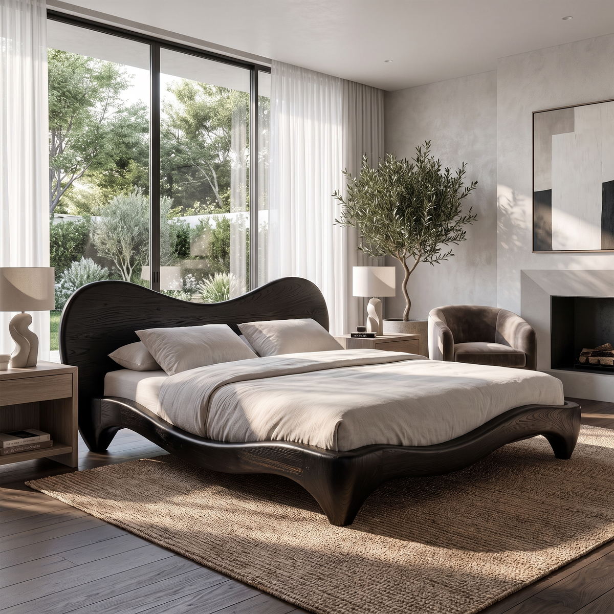 Organic Bed Frame With Sculptural Curved Design For Bedroom