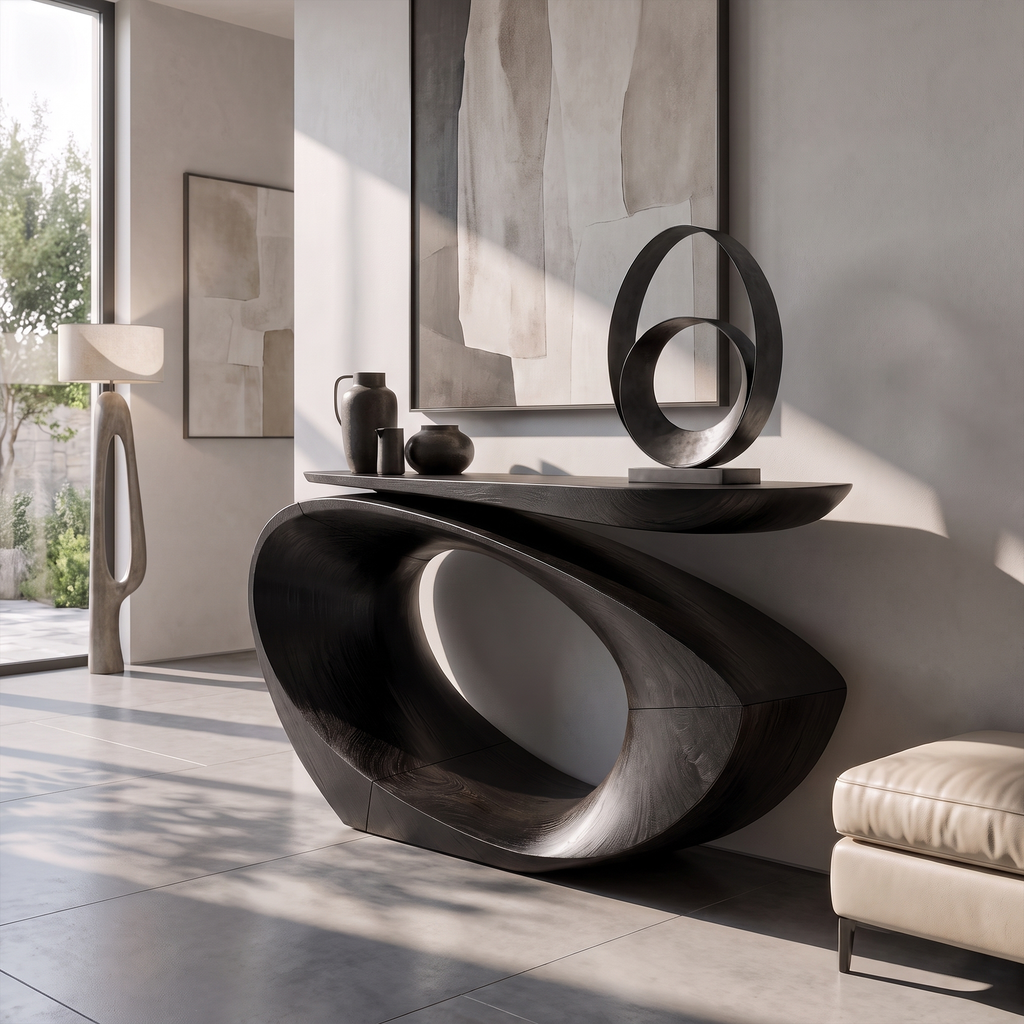 Sculptural Console Table Asymmetrical Hollow Oval Base Design For Foyer