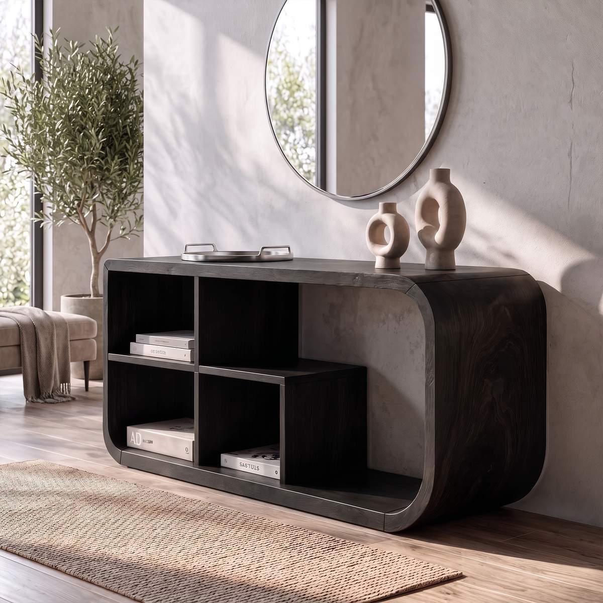 Modern Organic Console Table Sculptural Curved Design Open Storage For Entryway Living Room