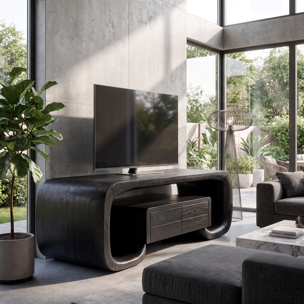 Organic TV Stand With Monolithic Wood Design For Living Room And Family Room