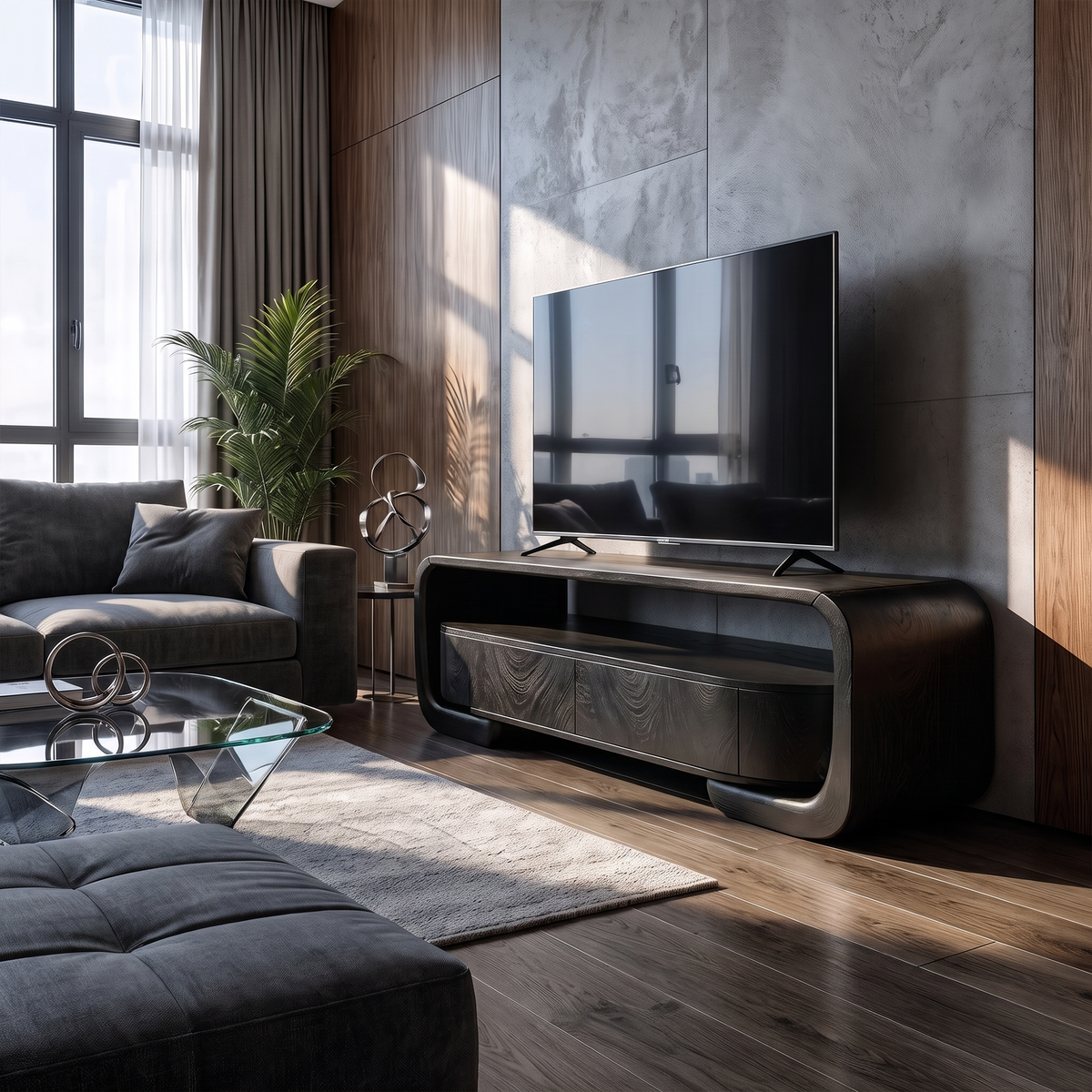Organic Entertainment Center With Sculptural Live Edge Design For Living Room And Media Room