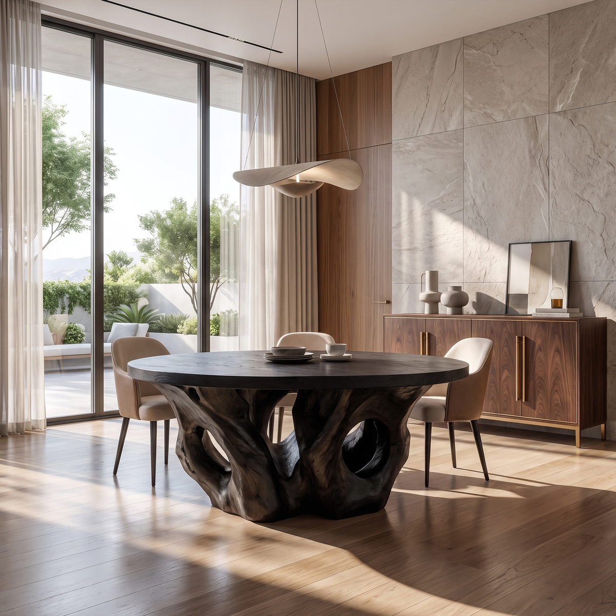 Modern Round Dining Table With Sculptural Open Form For Dining Room And Living Room