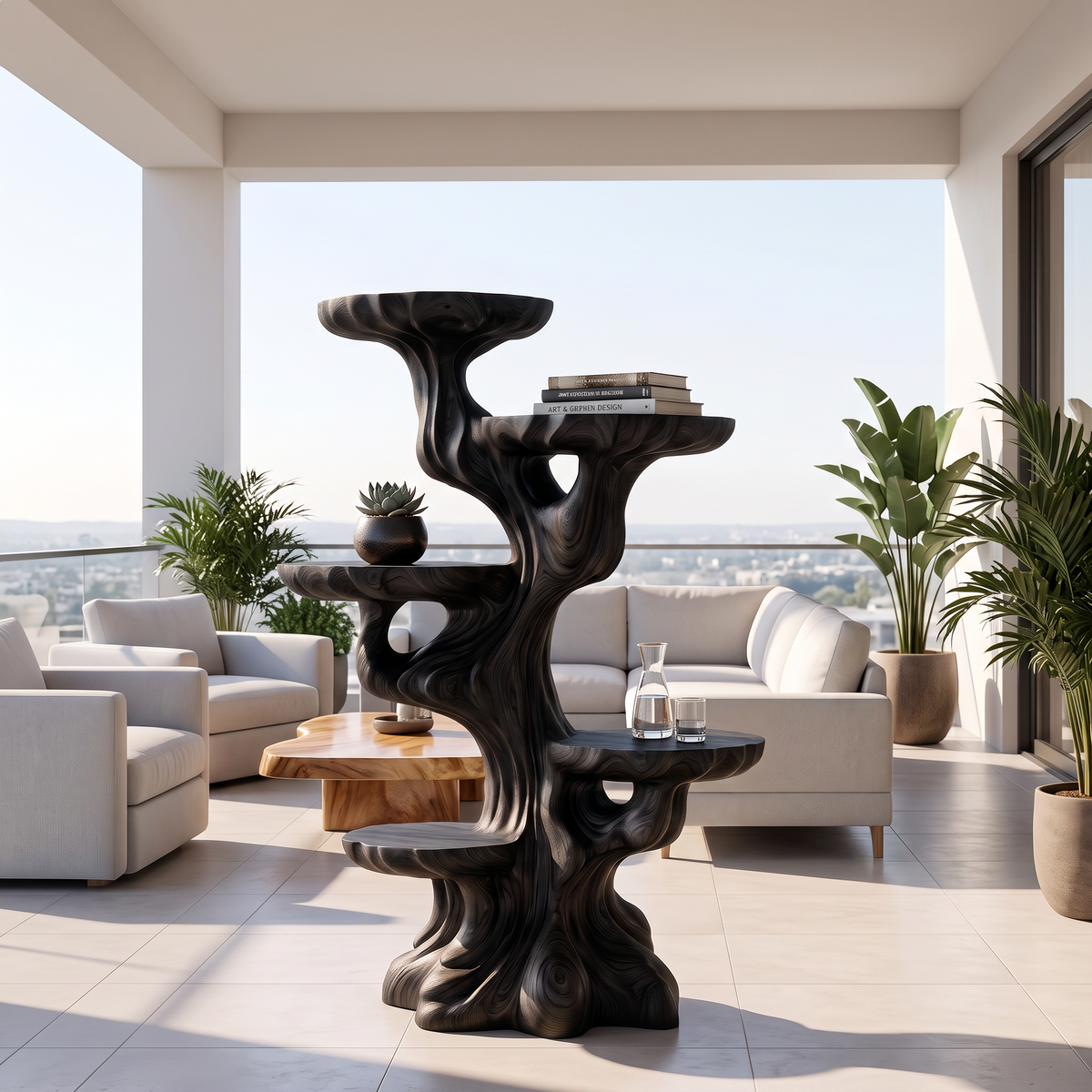 Contemporary Sculptural Plant Stand With Tiered Tree For Entryway