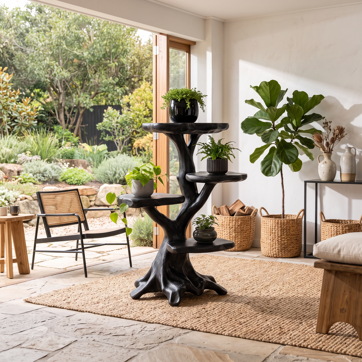 Organic Multi Tier Plant Stand With Sculptural Tree Design For Living Room And Sunroom