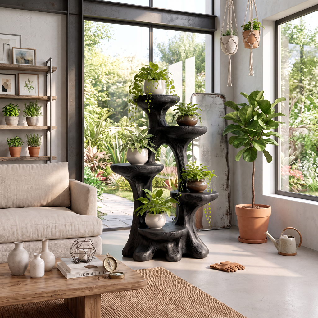 Organic Tree Plant Stand With Sculptural Tiered Design For Living Room And Sunroom