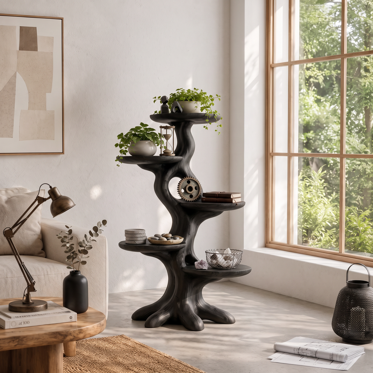 Natural Indoor Plant Stand With Flowing Tree Form For Living Room And Balcony