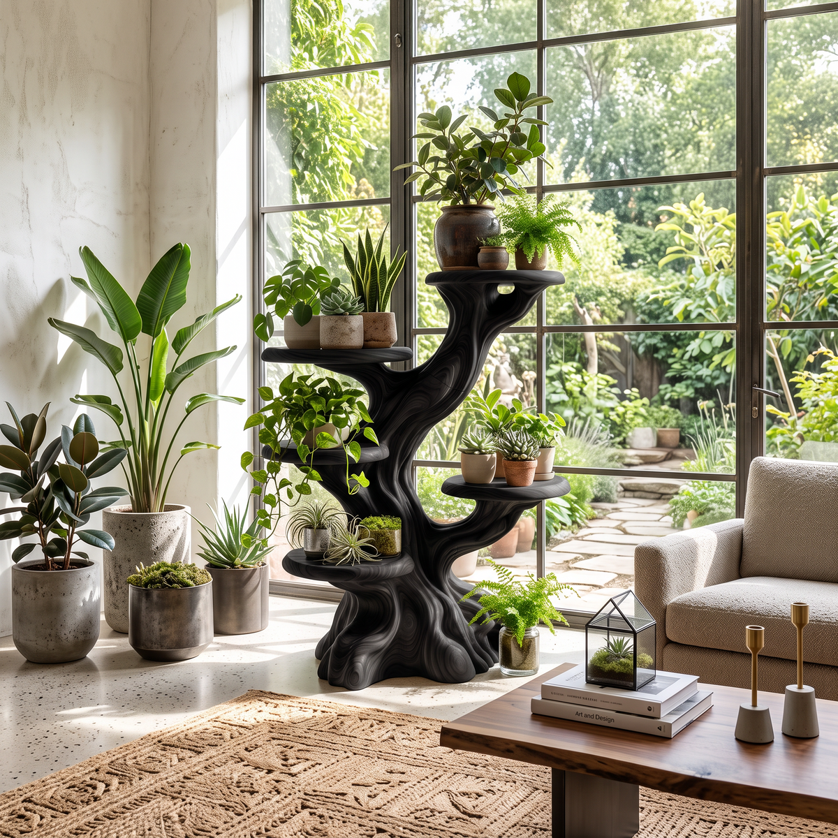 Rustic Sculptural Tree Plant Stand Multi Tier Display For Living Room