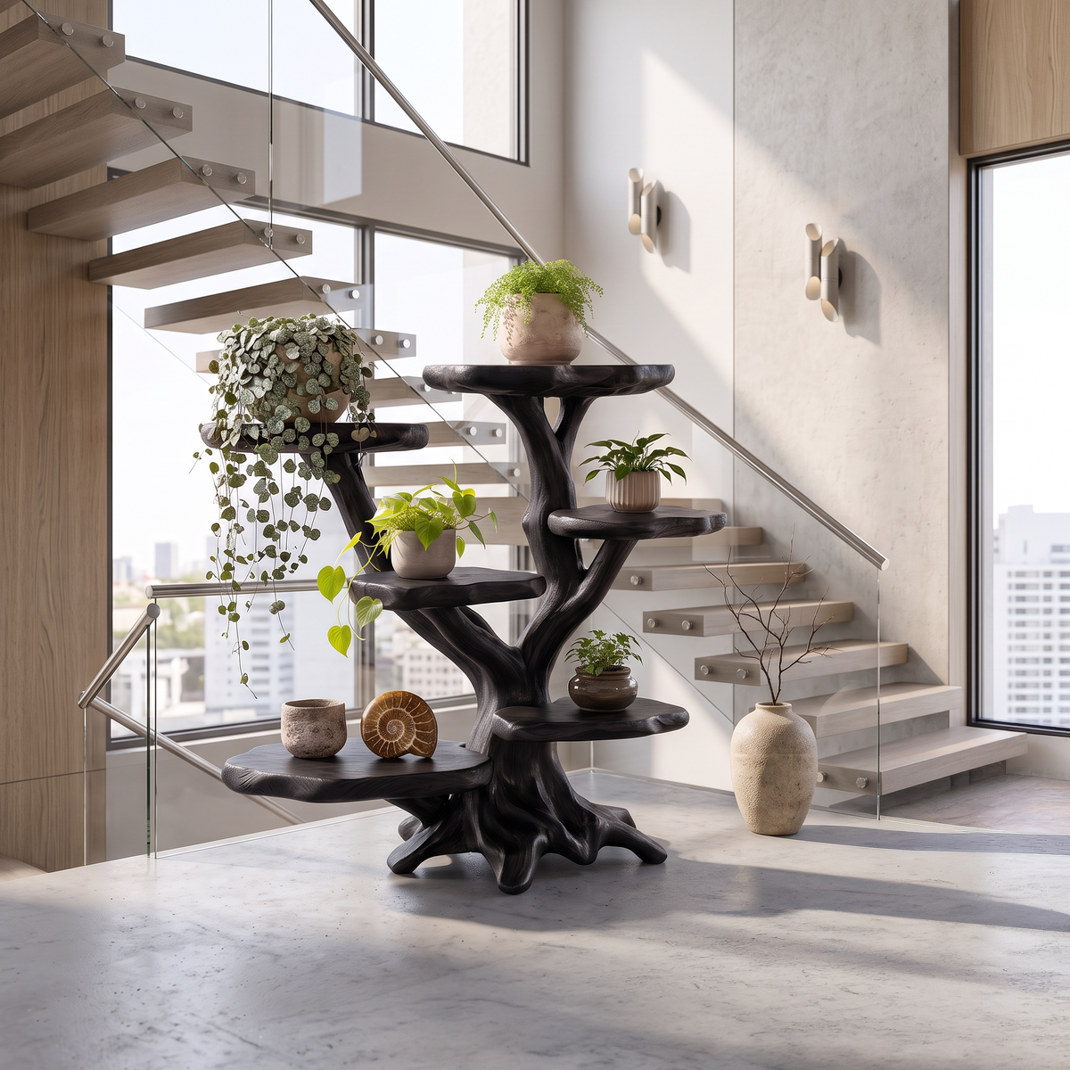 Modern Sculptural Tree Plant Stand Multi Tier Display For Patio Garden