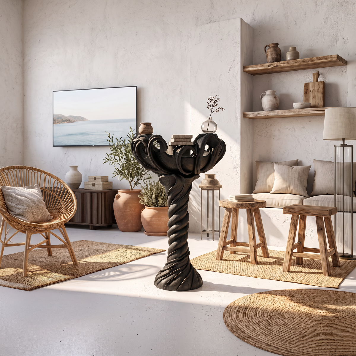 Modern Indoor Plant Stand With Organic Branch Silhouette For Living Room And Office