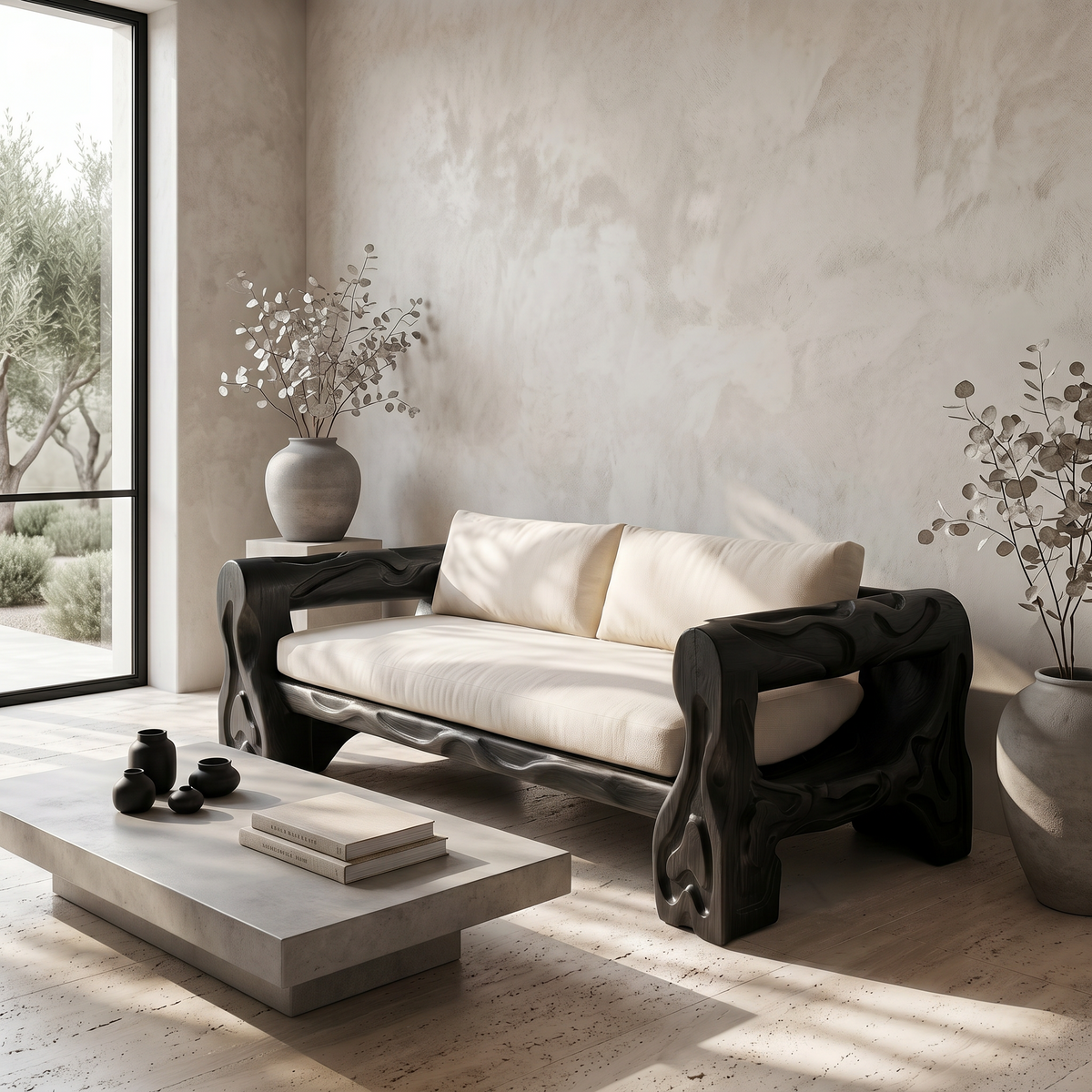 Organic Sofa Frame With Sculptural Open Loop Armrests For Living Room
