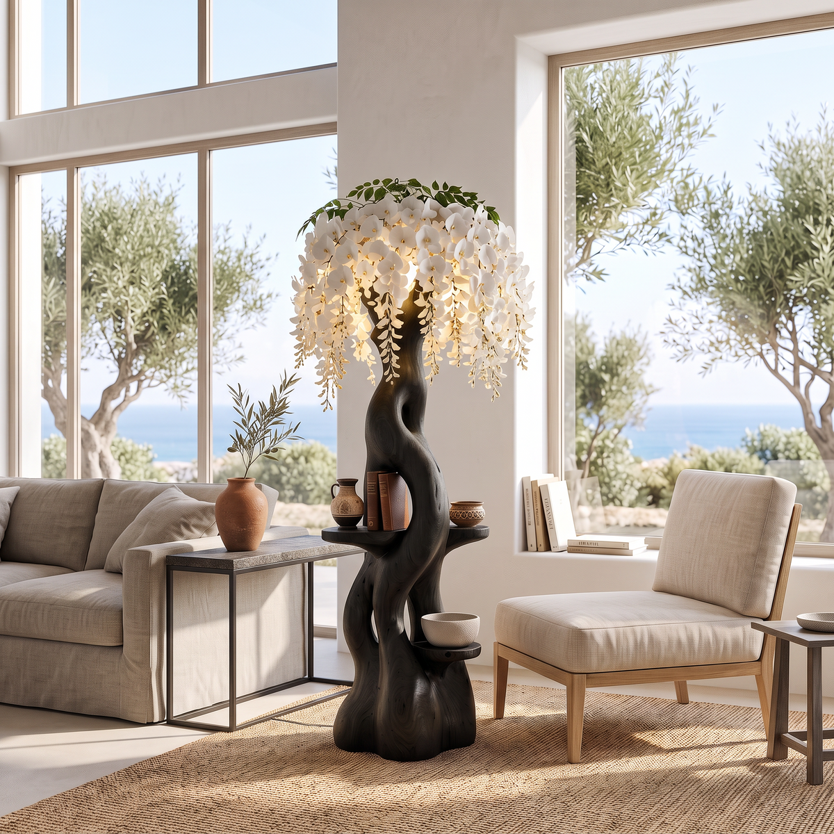 Rustic Wooden Floor Lamp With Sculptural Floral Canopy For Living Room
