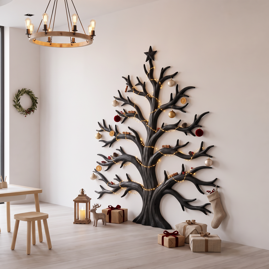 Rustic Christmas Wooden Wall Sculpture With Bare Branch Tree Design For Living Room