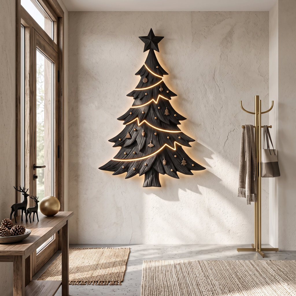 Contemporary Xmas Wall Sculpture With Evergreen Silhouette For Living Room