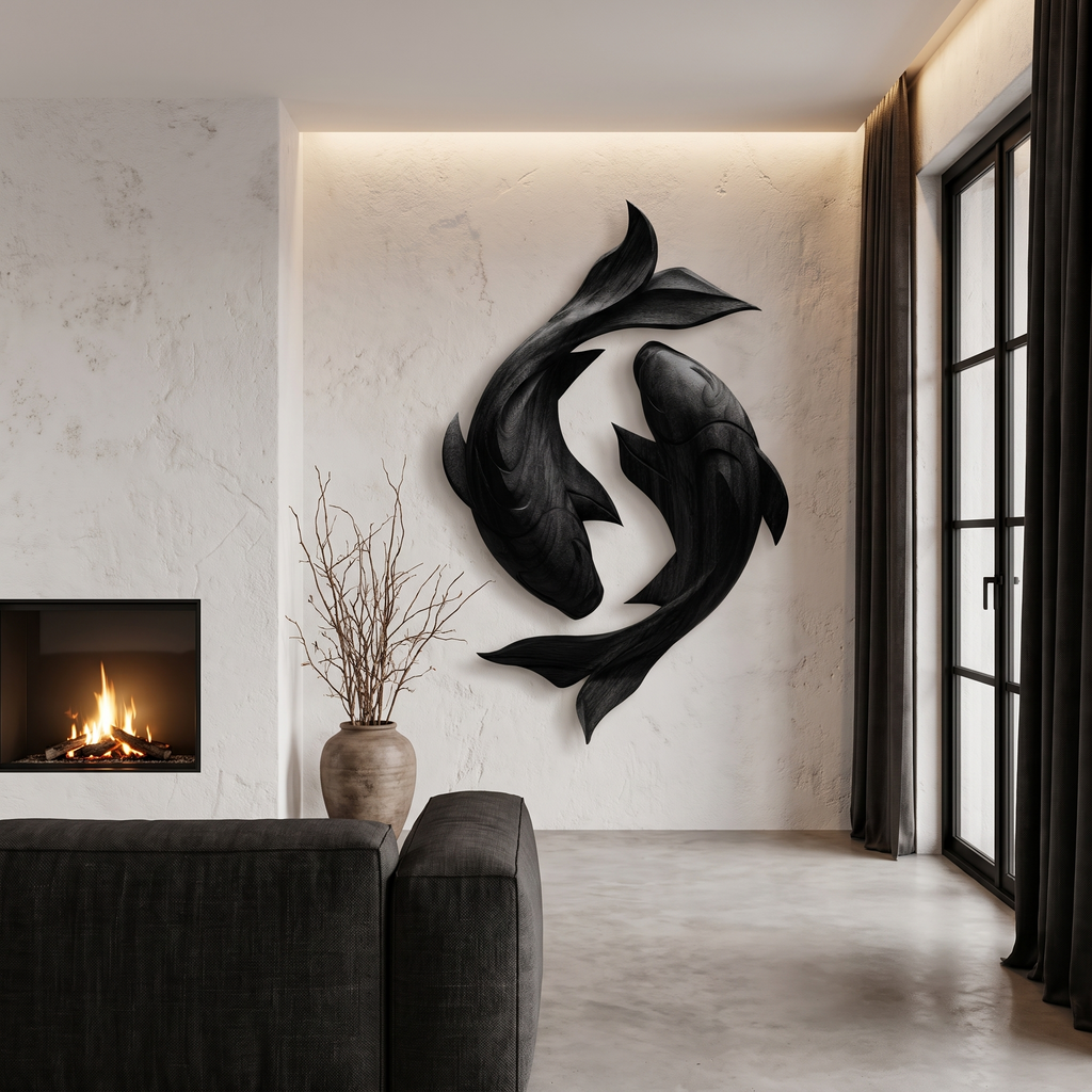 Contemporary Wood Wall Sculpture With Carved Koi Fish Design For Living Room And Office