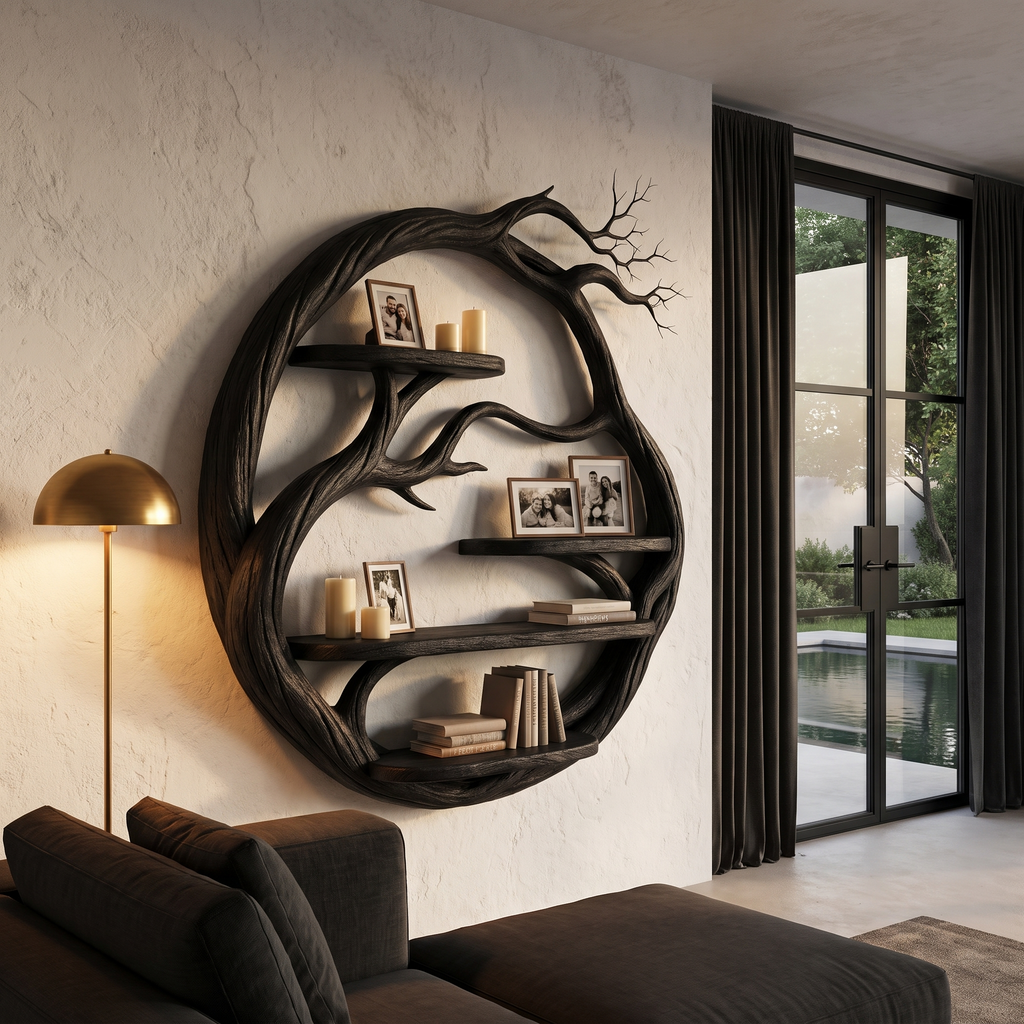 Organic Floating Shelf With Circular Tree Branch Design For Living Room And Home Office