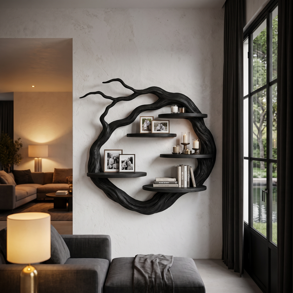 Natural Wall Mounted Shelf With Sculptural Tree Ring Design For Living Room And Reading NookSINLHAFL056