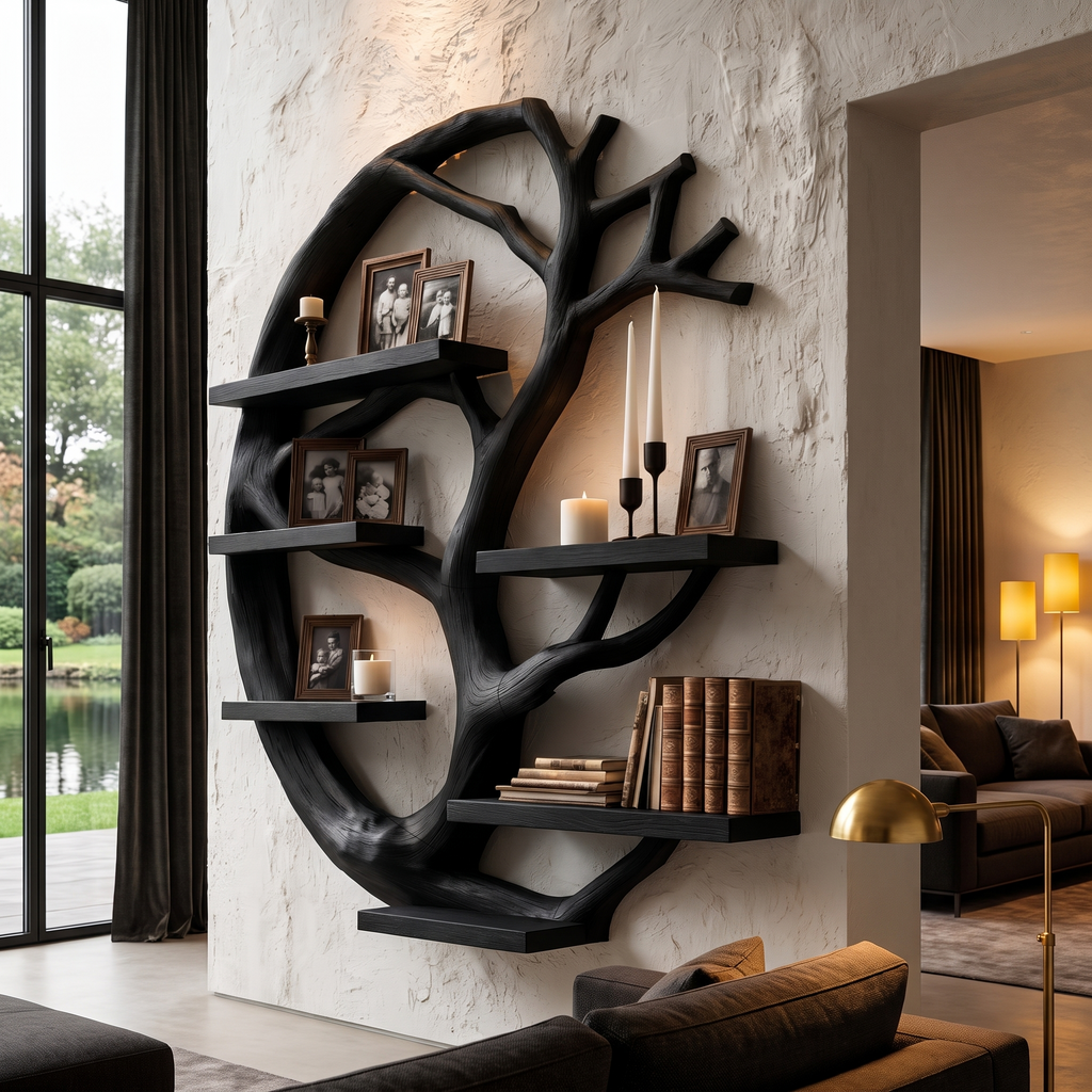 Modern Wall Mounted Shelf With Circular Tree Silhouette For Living Room And Bedroom