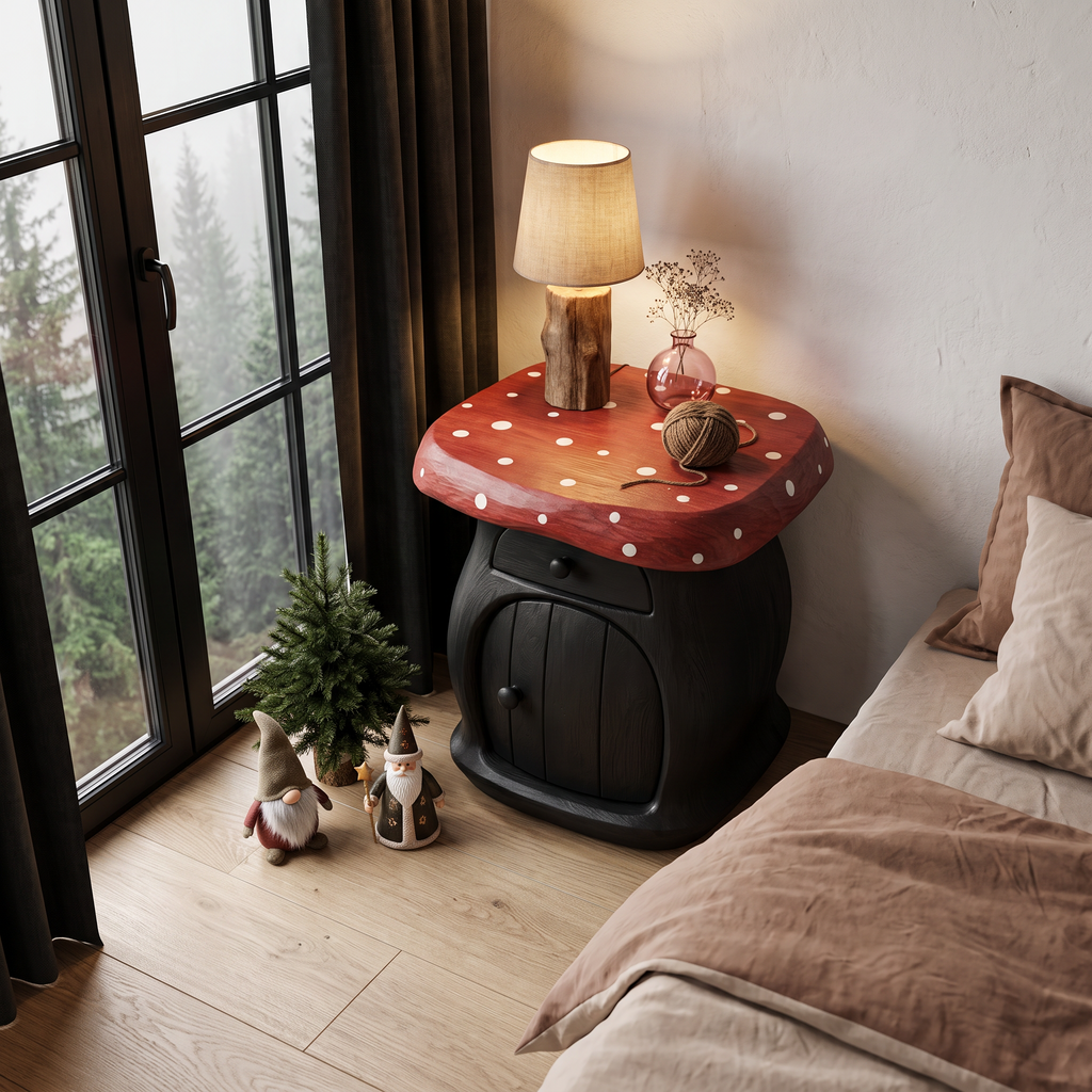 Modern Mushroom Bedside Table With Wooden Storage Door