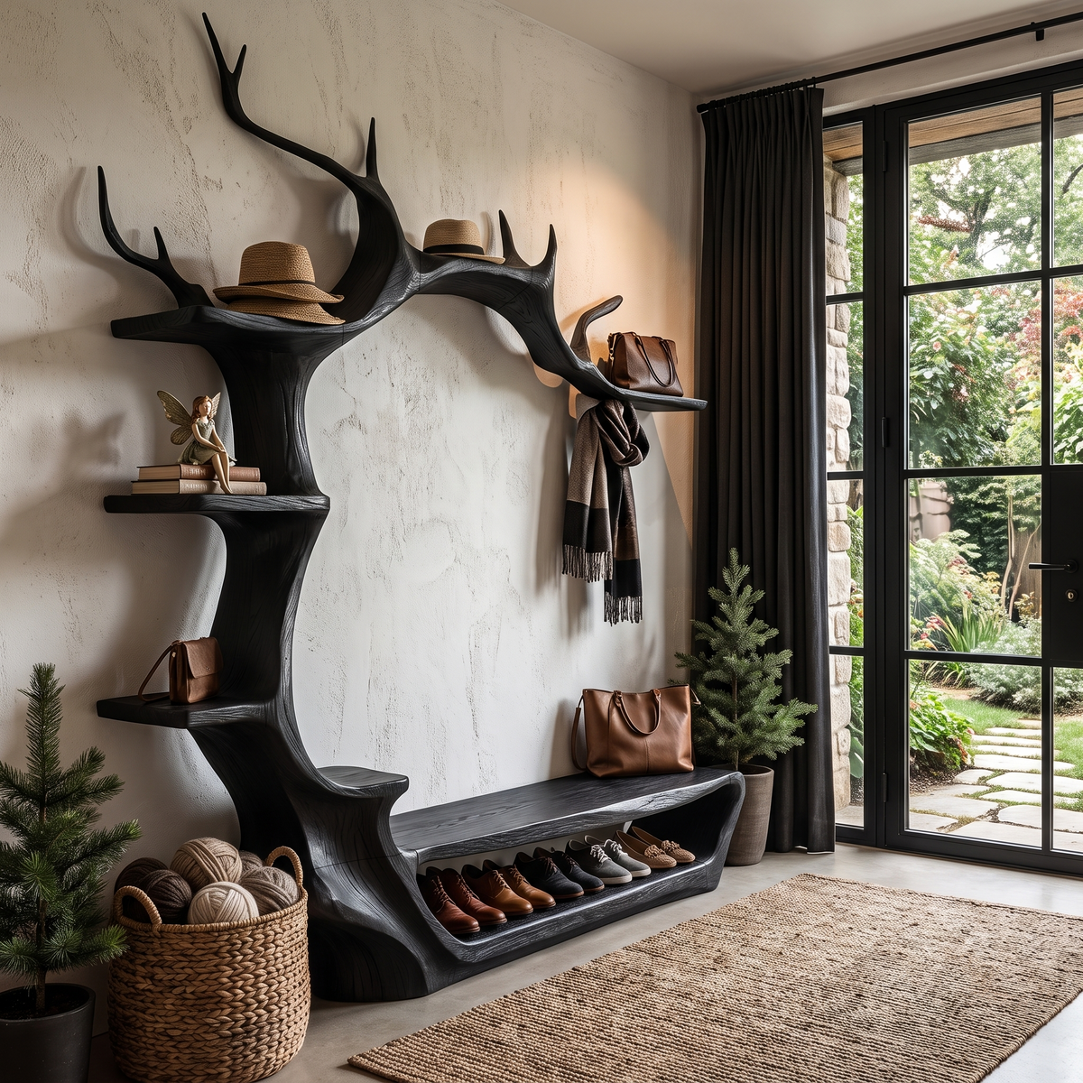 Rustic Tree Shoe Bench Wall Mounted Coat Rack For Entryway Hallway