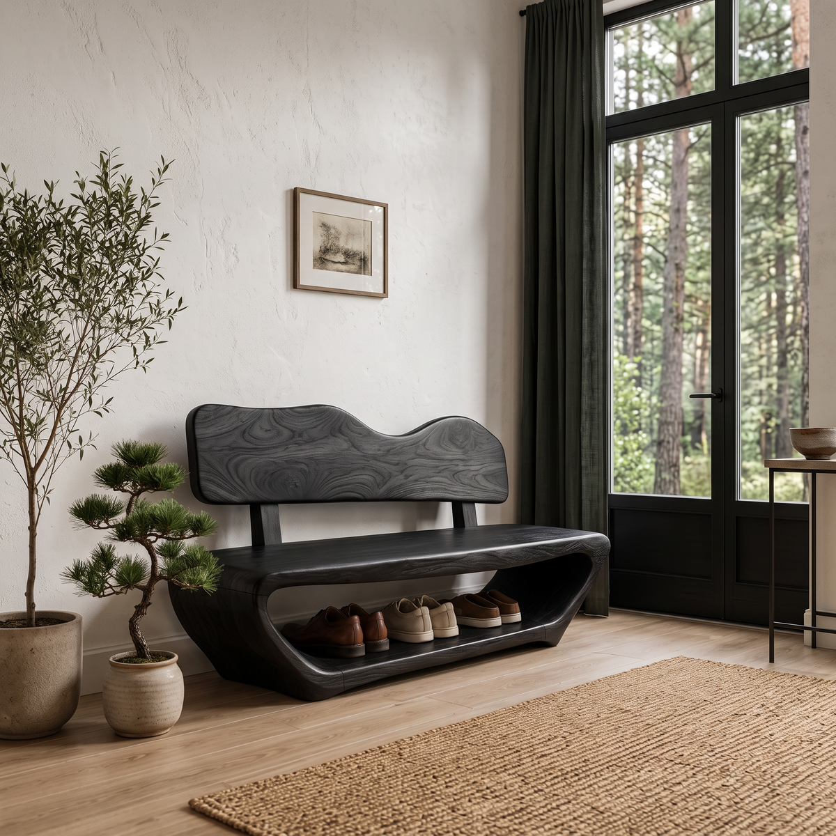 Rustic Sculptural Shoe Bench Organic Live Edge Design For Entryway Hallway