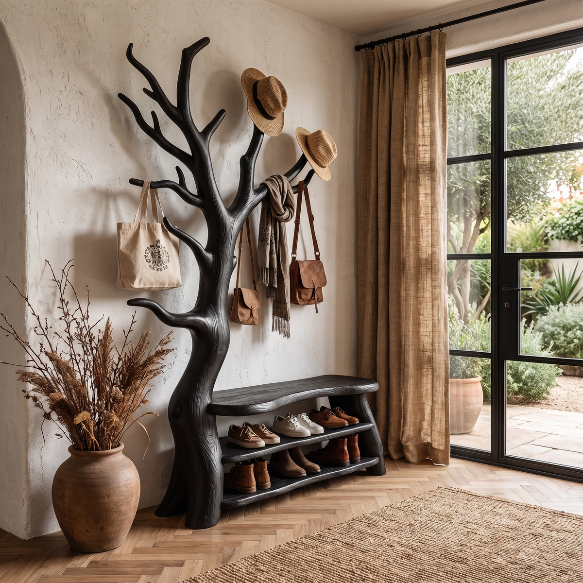 Sculptural Tree Shoe Bench Coat Rack Storage For Entryway Hallway