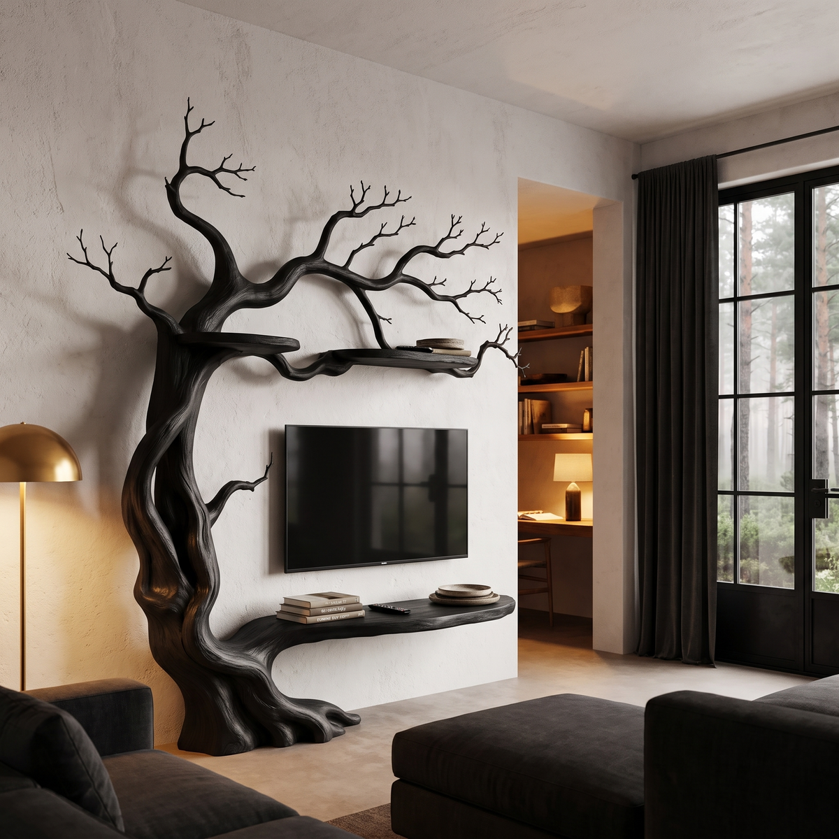 Organic Wall Mounted TV Stand With Sculptural Tree Branch Design For Living Room