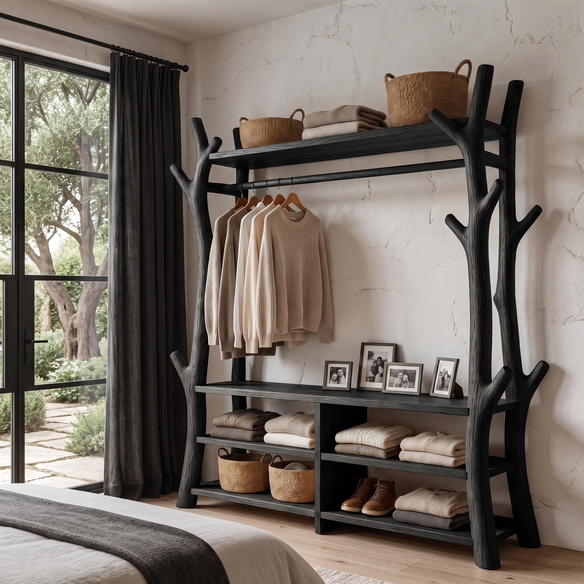 Rustic Tree Coat Rack Shoe Bench Open Storage For Entryway Hallway