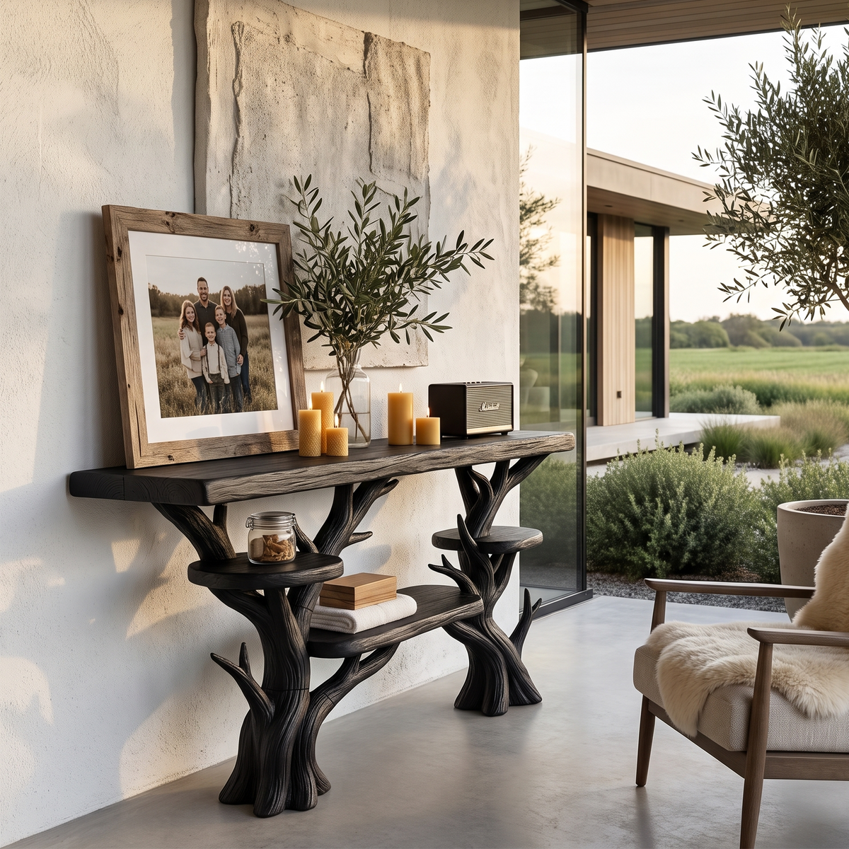 Rustic Sculptural Console Table For Entryway And Living Room