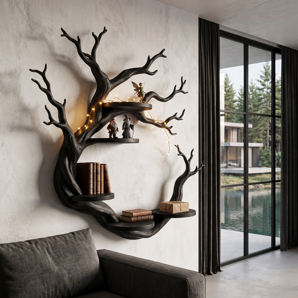 Rustic Tree Bookshelf With Sculptural Circular Branch Design For Living Room