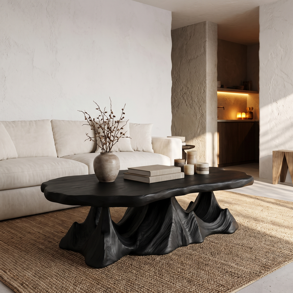 Rustic Coffee Table With Sculptural Wave Base For Living Room
