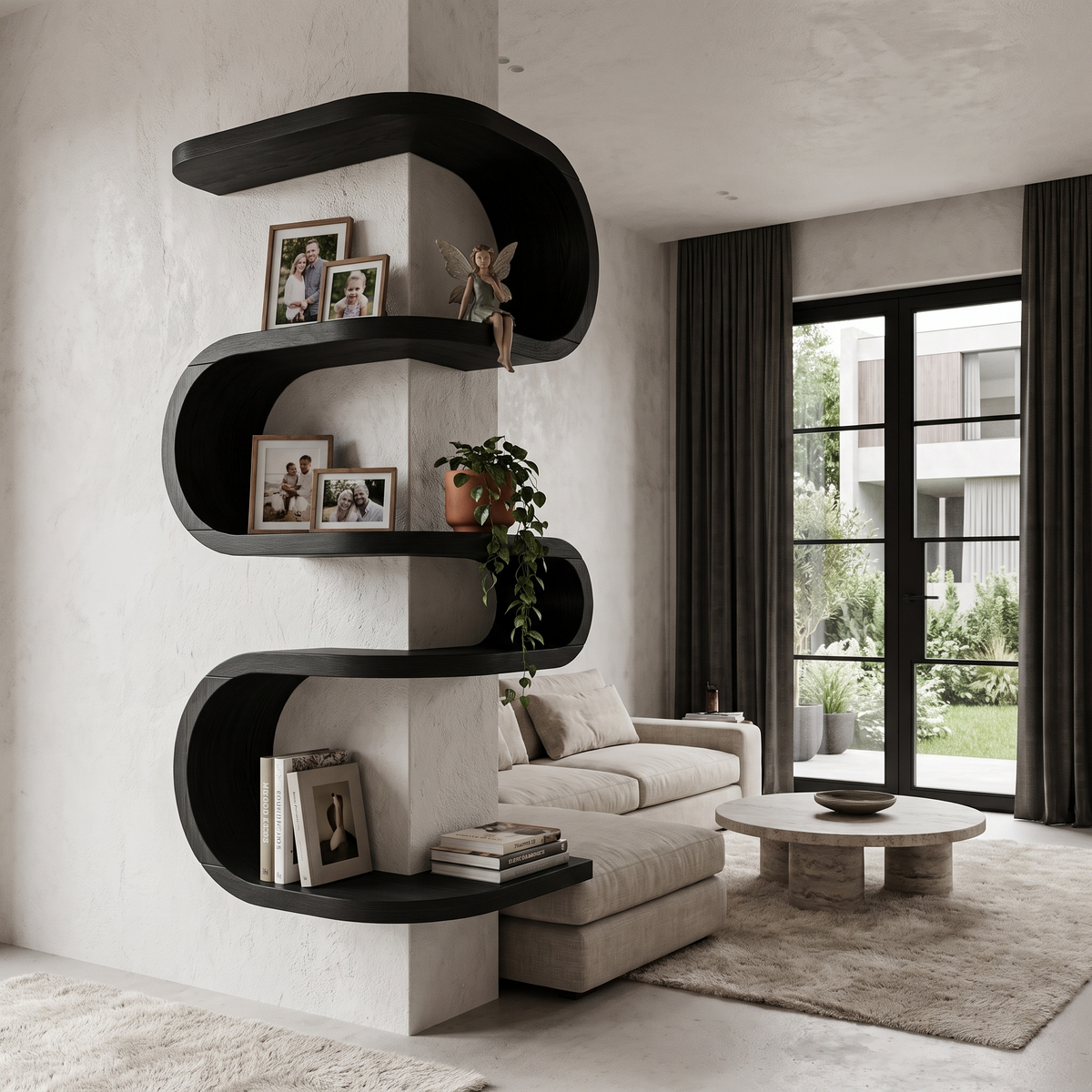Sculptural Corner Wall Bookshelf Handcrafted Curved Design For Living Room