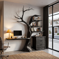 Natural Floating Desk With Sculptural Tree Bookshelf For Home Office