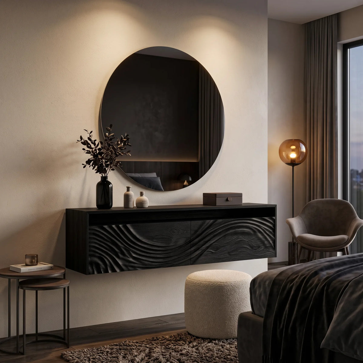 Contemporary Wall Mounted Makeup Vanity Relief Carved Drawers For Bedroom