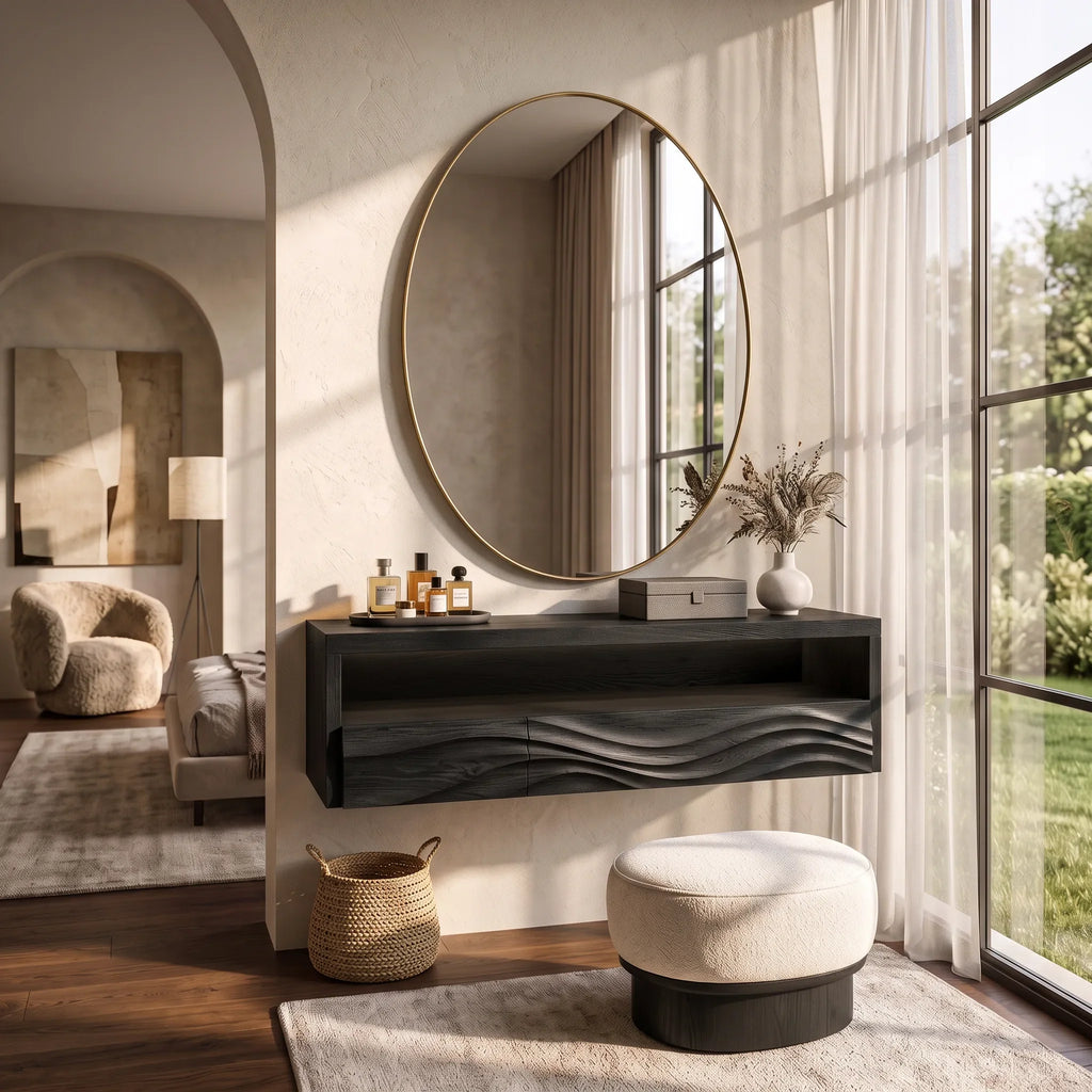 Sculptural Wall Mounted Makeup Vanity Wave Carved Drawers For Bedroom