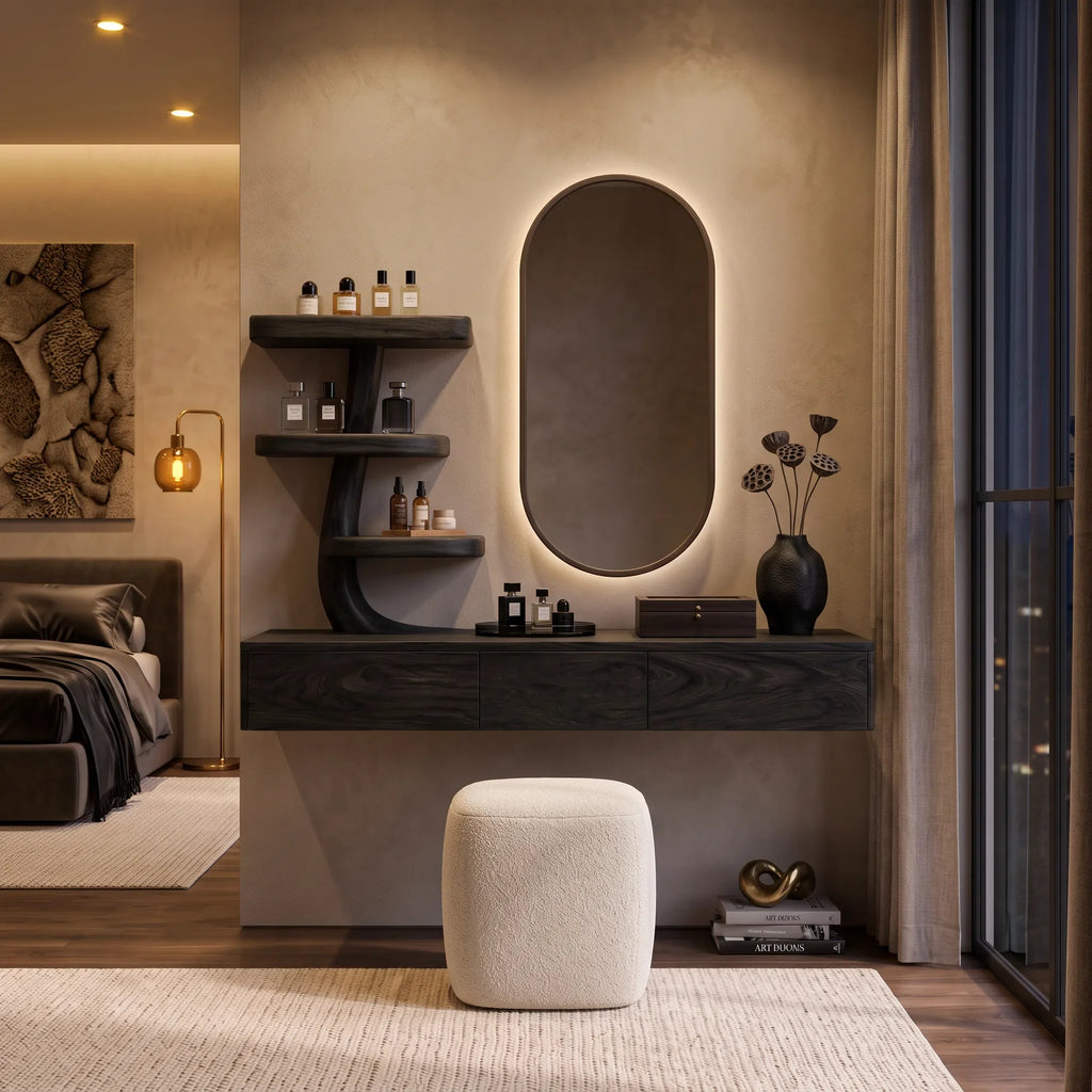Modern Wall Mounted Makeup Vanity Sculptural Curved Shelving For Bedroom
