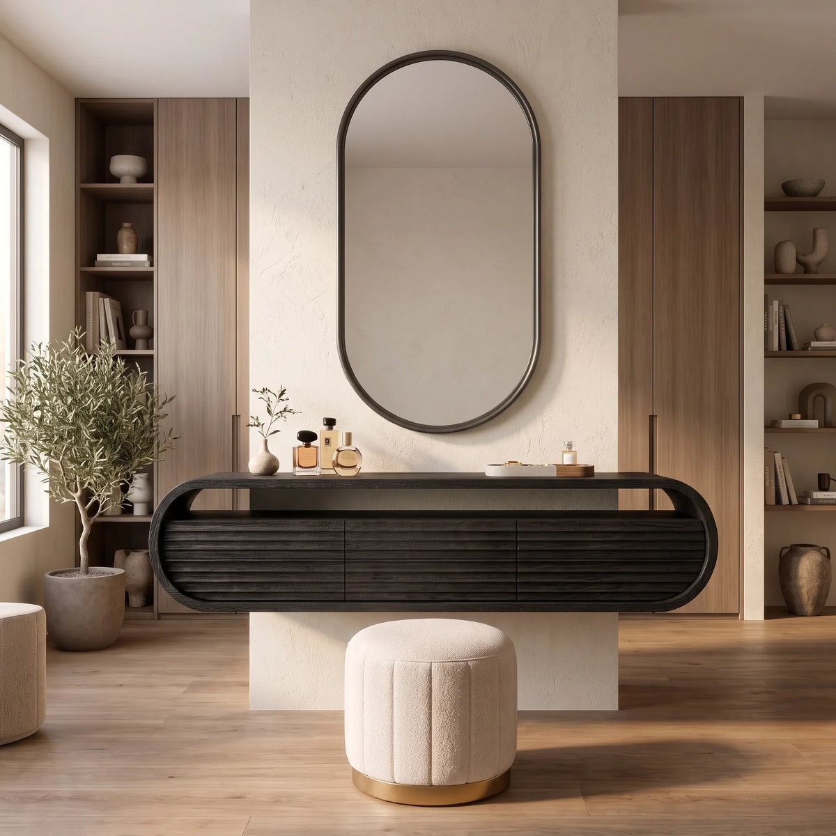 Modern Wall Mounted Dressing Table Carved Fluted Drawers For Bedroom