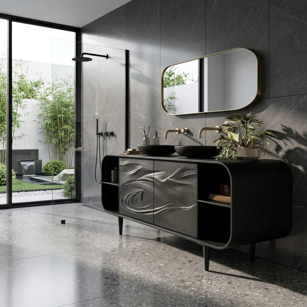 Mediterranean Sculptural Carved Bathroom Vanity For Master Bathroom