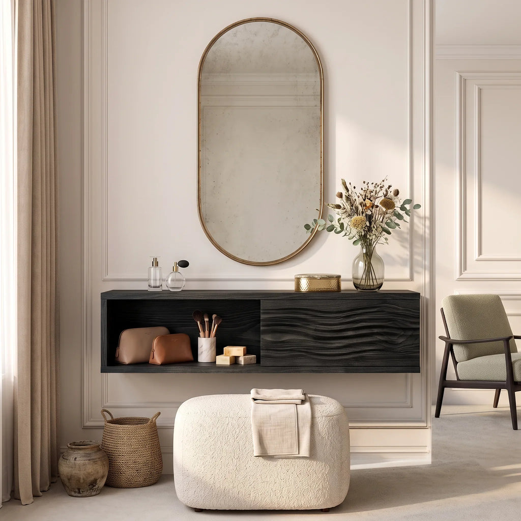 Modern Floating Makeup Vanity Ripple Carved Drawer Front For Bedroom